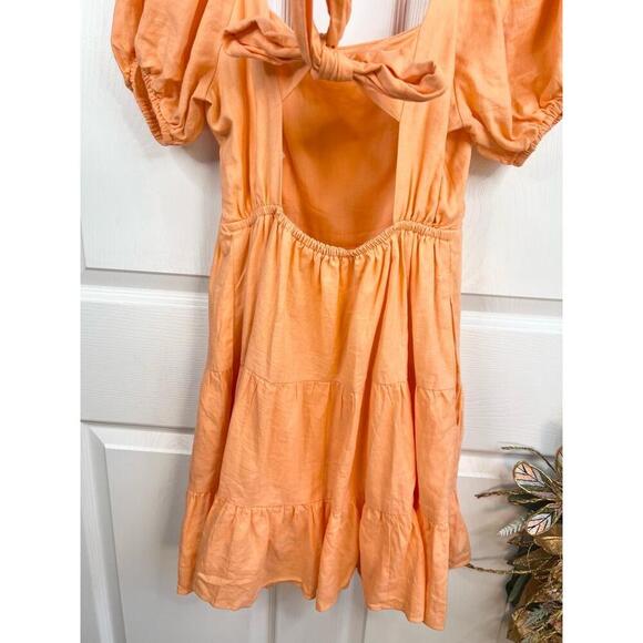1STATE Orange Puff Sleeves Linen Blend Tiered Skirt Open Tie Back Dress Sz S - Picture 7 of 13